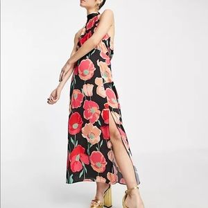 Topshop halter neck satin midi dress with in bold floral